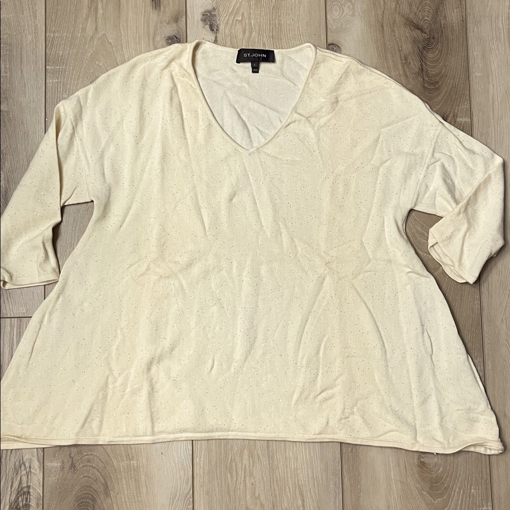 St John Wool Blend Sequin V-Neck Sweater Asymmetrical Hem Cream Size Small